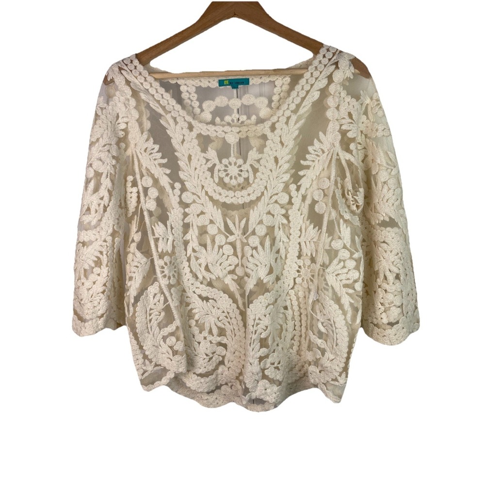 My Emblem Women's L Sheer Mesh Ivory Embroidered 3/4 Sleeve Boho Top